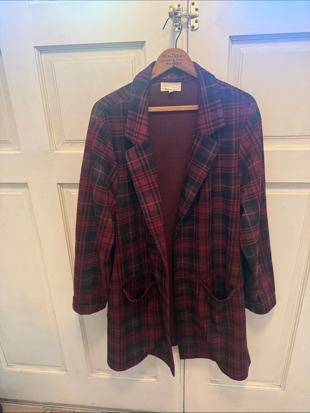 MELLODAY Burgundy and Black Plaid Open-Front Blazer